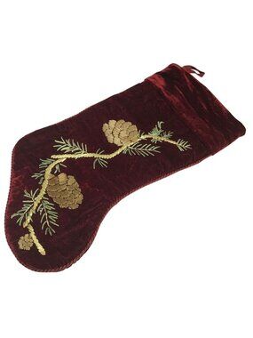 Martha Stewart Burgundy Velvet Gold Pinecone Embroidery Christmas Stocking